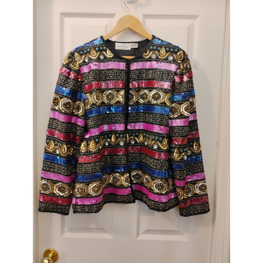 Laurence Kazar New York Formal Jacket Silk Sequin Black 80s Blazer Large